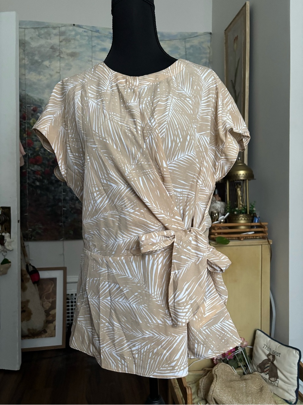 Michael Kors Tan and White Palm-Print Tie-Waist Tunic